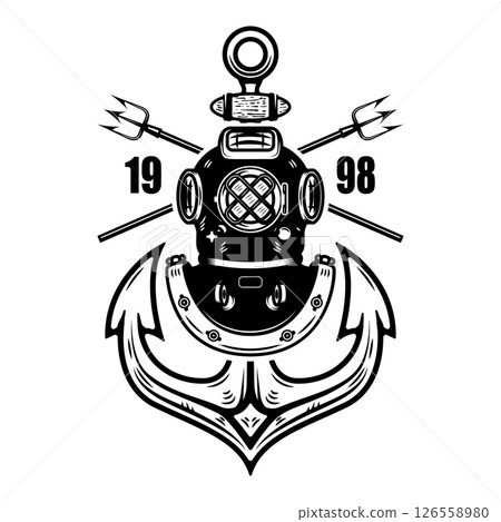 Vintage diver helmet with anchor and tridents. Nautical dive helmet with anchor. Sailor emblem. Design element Vintage diver helmet with anchor and tridents. Nautical dive helmet with anchor. Sailor emblem. Design element 126558980