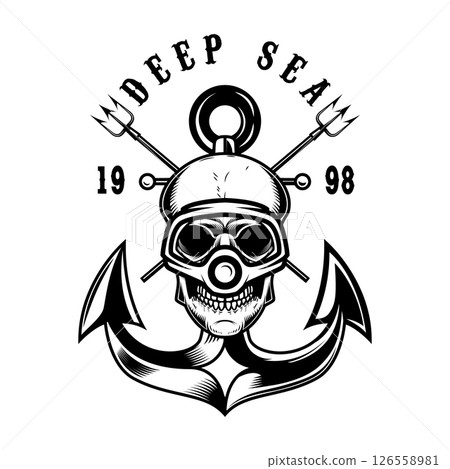 Vintage diver skull with anchor and tridents. Nautical sailor skull with anchor. Sailor emblem. Design element 126558981