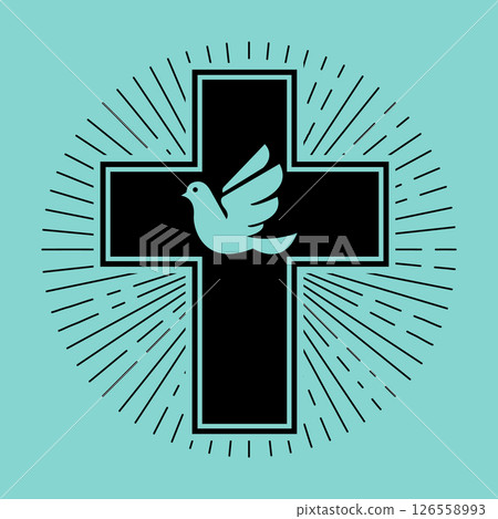 dove and a cross on a light olive background. Religion. Vector illustration. 126558993