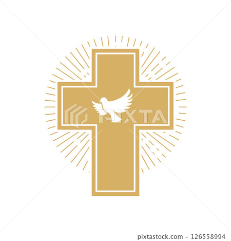 Cross with the dove. Church emblem template. Vector design element. 126558994