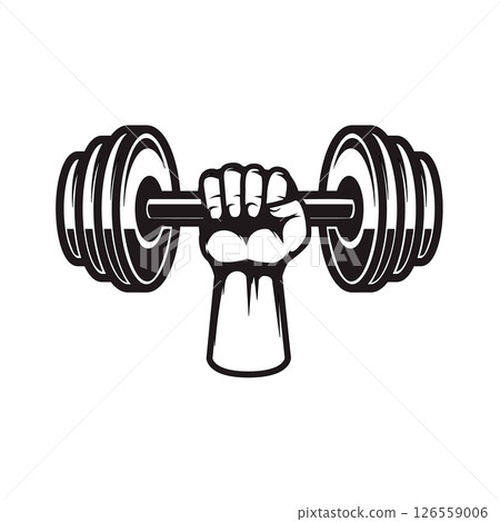 Hand with gym dumbell. Design element for emblem, sign, badge. Vector illustration 126559006