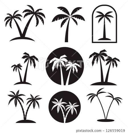 Set of palm tree labels and design elements. Vintage palms illustrations. Vector design  element for emblem, logo, insignia, sign, identity, logotype, poster. 126559019