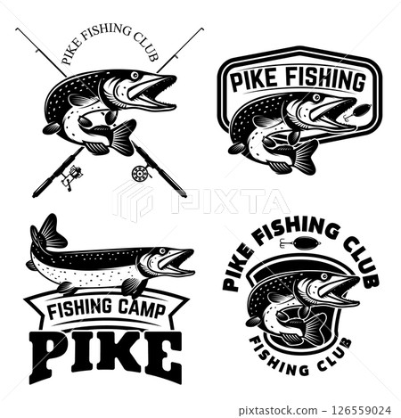 Set of pike fishing emblems in monochrome style. Pike fish logo, label, sign, poster, badge. Set of pike fishing emblems in monochrome style. Pike fish logo, label, sign, poster, badge. 126559024