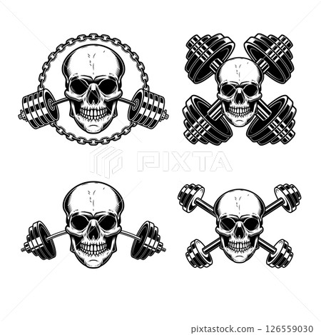 Skull with crossed gym barbells. Gym consept. Design element for logo, label, sign, poster. 126559030