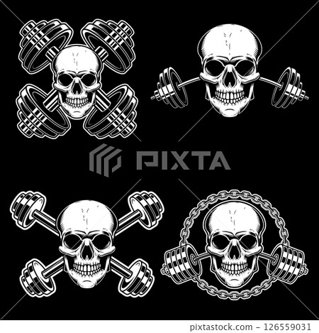 Skull with crossed gym barbells. Gym consept. Design element for logo, label, sign, poster. 126559031