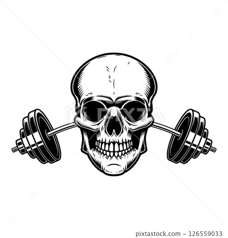 Skull with crossed gym barbells. Gym consept. Design element for logo, label, sign, poster. 126559033