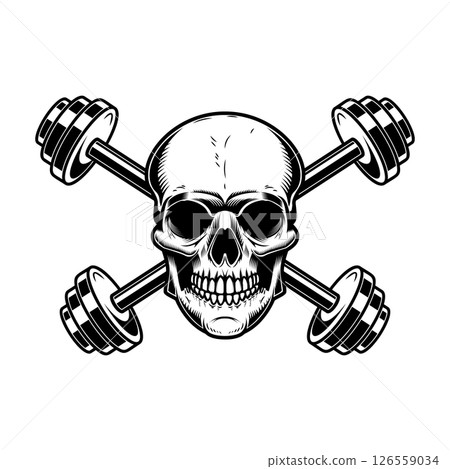 Skull with crossed gym barbells. Gym consept. Design element for logo, label, sign, poster. 126559034
