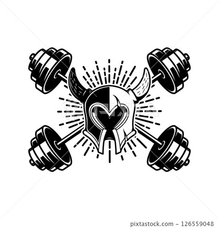 Warrior helmet with crossed gym barbells. Gym consept. Design element for logo, label, sign, poster. Warrior helmet with crossed gym barbells. Gym consept. Design element for logo, label, sign, poster. 126559048
