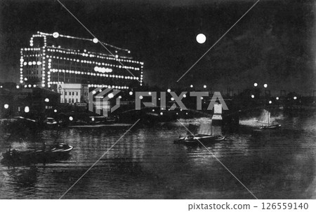 Old photo, 1933-1945, Tokyo, Asakusa, night view of Azumabashi Bridge over the Sumida River Old photo, 1933-1945, Tokyo, Asakusa, night view of Azumabashi Bridge over the Sumida River 126559140