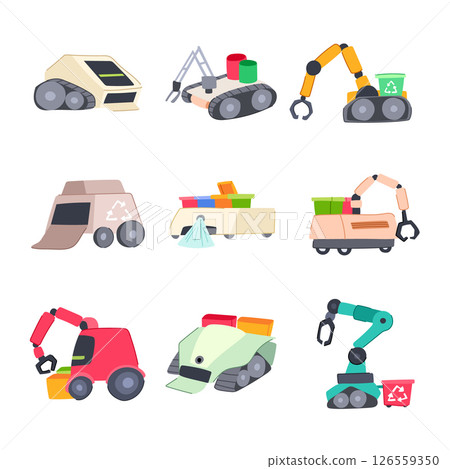 mini robot sorting trash set cartoon vector illustration mini robot sorting trash set cartoon vector illustration 126559350