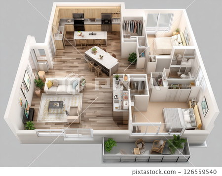 Aerial view of a 3D floor plan of a family home. Living room, dining room, and kitchen Aerial view of a 3D floor plan of a family home. Living room, dining room, and kitchen 126559540