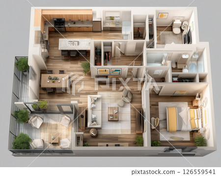 家庭居住住宅的 3D 平面圖。客廳、餐廳和廚房的鳥瞰圖 家庭居住住宅的 3D 平面圖。客廳、餐廳和廚房的鳥瞰圖 126559541