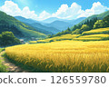 Autumn rural landscape, bumper harvest, lots of rice ready for harvest 126559780