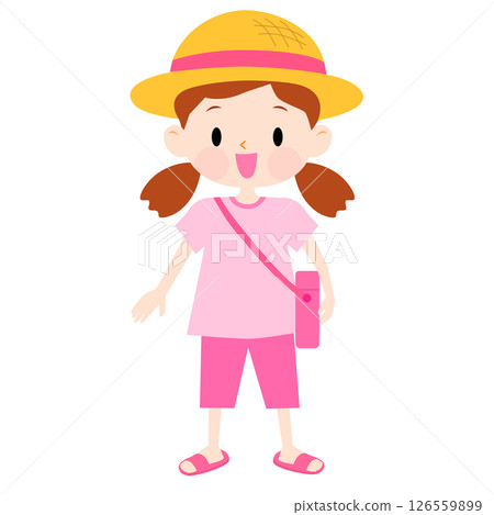 Illustration of a girl wearing summer clothes and a straw hat Illustration of a girl wearing summer clothes and a straw hat 126559899