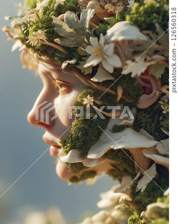 A hyper-realistic highly detailed portrait of mystical human face merging with intricate mushroom growths moss and tiny plants embellishing skin enchanting forest clearing golden sunlight gentle mist 126560318