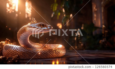 A highly detailed photorealistic cobra headpiece of shimmering gold and gemstones elegantly coiled around regal crown in sunlit palace hall ancient royalty atmosphere A highly detailed photorealistic cobra headpiece of shimmering gold and gemstones elegantly coiled around regal crown in sunlit palace hall ancient royalty atmosphere 126560374