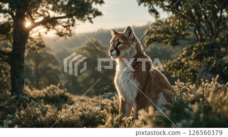 A highly detailed photorealistic cougar mascot costume standing proudly in lush sunlit forest clearing with realistic fur texture vibrant natural colors cinematic atmosphere A highly detailed photorealistic cougar mascot costume standing proudly in lush sunlit forest clearing with realistic fur texture vibrant natural colors cinematic atmosphere 126560379