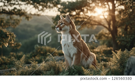 A highly detailed photorealistic cougar mascot costume standing proudly in lush sunlit forest clearing with realistic fur texture vibrant natural colors cinematic atmosphere 126560380