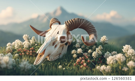A highly detailed photorealistic cow skull with large curved horns resting in lush wildflower meadow at golden hour soft sunlight dramatic shadows cinematic atmosphere A highly detailed photorealistic cow skull with large curved horns resting in lush wildflower meadow at golden hour soft sunlight dramatic shadows cinematic atmosphere 126560381
