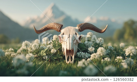 A highly detailed photorealistic cow skull with large curved horns resting in lush wildflower meadow at golden hour soft sunlight dramatic shadows cinematic atmosphere 126560382