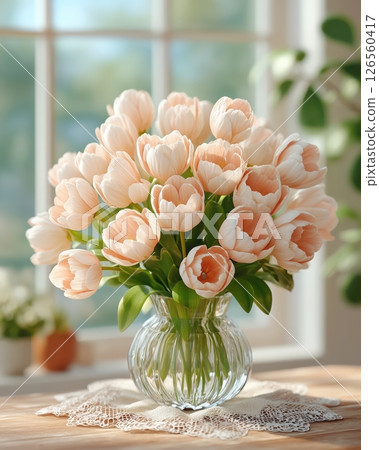 A highly detailed photorealistic bouquet of pink tulips in elegant glass vase on rustic wooden table with delicate lace warm inviting atmosphere A highly detailed photorealistic bouquet of pink tulips in elegant glass vase on rustic wooden table with delicate lace warm inviting atmosphere 126560417