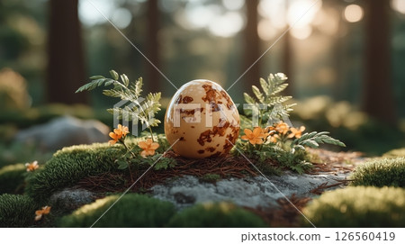A highly detailed photorealistic close-up of polished yellow jasper stone resting on soft moss in serene forest clearing warm golden glow magical atmosphere 126560419