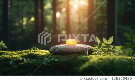 A highly detailed photorealistic close-up of polished yellow jasper stone resting on soft moss in serene forest clearing warm golden glow magical atmosphere 126560420