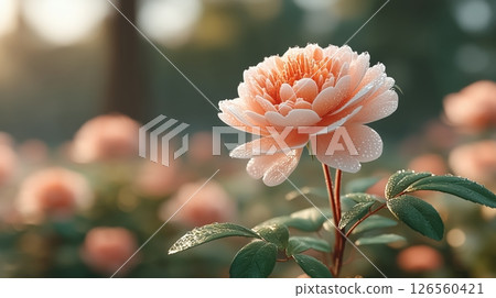 A highly detailed photorealistic close-up of vibrant pink Pomponella rose in full bloom covered in dewdrops in lush garden with soft golden sunlight serene fresh atmosphere 126560421