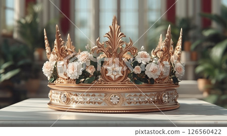 A highly detailed photorealistic male crown made of intricate gold and silver filigree set with shimmering gemstones resting on plush velvet cushion in grand palace hall 126560422
