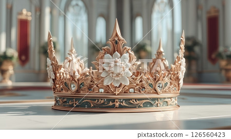 A highly detailed photorealistic male crown made of intricate gold and silver filigree set with shimmering gemstones resting on plush velvet cushion in grand palace hall A highly detailed photorealistic male crown made of intricate gold and silver filigree set with shimmering gemstones resting on plush velvet cushion in grand palace hall 126560423
