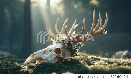 A highly detailed photorealistic deer skull with large antlers resting on moss-covered forest floor dappled sunlight filtering through misty trees serene ethereal mood 126560424