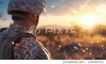 A highly detailed photorealistic depiction of a US Marine Corps desert camouflage uniform in arid desert with sand dunes rocks sparse vegetation golden sunlight and clear blue sky A highly detailed photorealistic depiction of a US Marine Corps desert camouflage uniform in arid desert with sand dunes rocks sparse vegetation golden sunlight and clear blue sky 126560432