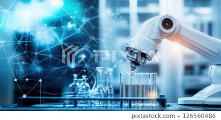 Robotic arm pouring liquid into test tubes in laboratory setting with network graphic 126560486