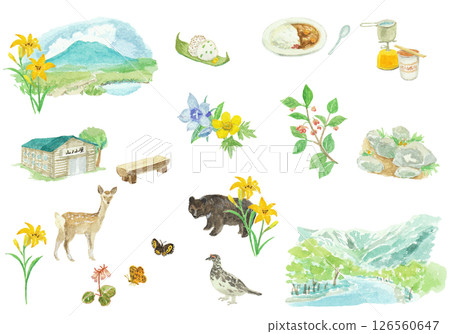 A set of watercolor mountaineering images 126560647