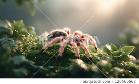 A highly detailed photorealistic Mexican pink tarantula with vibrant pink and black hairs on lush moss-covered rocks in misty tropical forest ethereal atmosphere A highly detailed photorealistic Mexican pink tarantula with vibrant pink and black hairs on lush moss-covered rocks in misty tropical forest ethereal atmosphere 126560668