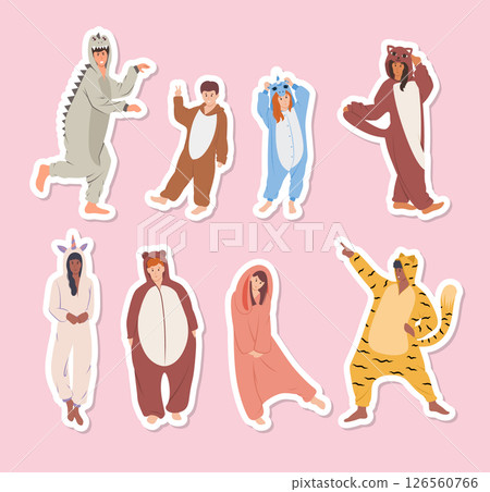Cartoon Color Characters People in Cute Pajamas Concept Stickers Set Flat Design Style Symbol of Relax and Sleep. Vector illustration Cartoon Color Characters People in Cute Pajamas Concept Stickers Set Flat Design Style Symbol of Relax and Sleep. Vector illustration 126560766