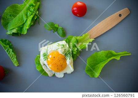 Close-up of tasty egg with salad leaves in kitchen, on gray background Close-up of tasty egg with salad leaves in kitchen, on gray background 126560791