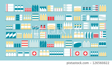 Cartoon Color Different Types Pharmacy Drugs in Rows Set Drugstore Assortment Concept Flat Design Style. Vector illustration Cartoon Color Different Types Pharmacy Drugs in Rows Set Drugstore Assortment Concept Flat Design Style. Vector illustration 126560822