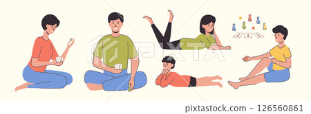 Cartoon Color Different Characters Family Set Spends Time Playing Game Concept Flat Design Style. Vector illustration 126560861