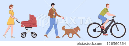 Cartoon Color Characters People Walking with Prams and Dog Set Concept Flat Design Style . Vector illustration of Outdoor Walk Cartoon Color Characters People Walking with Prams and Dog Set Concept Flat Design Style . Vector illustration of Outdoor Walk 126560864