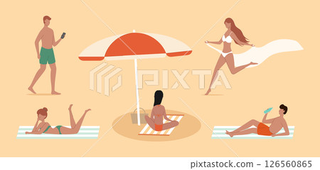 Cartoon Color Different Characters People on Beach Set Summer Vacation Concept Flat Design Style. Vector illustration of Sunbathing Cartoon Color Different Characters People on Beach Set Summer Vacation Concept Flat Design Style. Vector illustration of Sunbathing 126560865