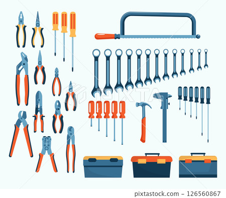 Cartoon Color Tool Store Elements Screwdrivers and Pliers Assortment Set Concept Flat Design Style. Vector illustration 126560867