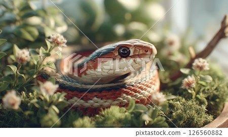 A highly detailed photorealistic image of a California red-sided garter snake with vivid red blue and black stripes in lush terrarium with green foliage moss natural wood inviting atmosphere A highly detailed photorealistic image of a California red-sided garter snake with vivid red blue and black stripes in lush terrarium with green foliage moss natural wood inviting atmosphere 126560882