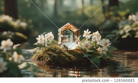 A highly detailed photorealistic crystal-colored gemstone resting on moss-covered rock beside gentle forest stream surrounded by lush greenery and wildflowers tranquil ethereal atmosphere A highly detailed photorealistic crystal-colored gemstone resting on moss-covered rock beside gentle forest stream surrounded by lush greenery and wildflowers tranquil ethereal atmosphere 126560883