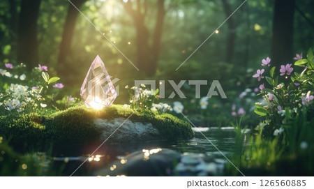 A highly detailed photorealistic crystal-colored gemstone resting on moss-covered rock beside gentle forest stream surrounded by lush greenery and wildflowers tranquil ethereal atmosphere A highly detailed photorealistic crystal-colored gemstone resting on moss-covered rock beside gentle forest stream surrounded by lush greenery and wildflowers tranquil ethereal atmosphere 126560885