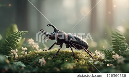 A highly detailed photorealistic image of a Dorcus titanus stag beetle with glossy black exoskeleton on vibrant green moss in lush rainforest with dew-covered ferns serene ethereal atmosphere A highly detailed photorealistic image of a Dorcus titanus stag beetle with glossy black exoskeleton on vibrant green moss in lush rainforest with dew-covered ferns serene ethereal atmosphere 126560886