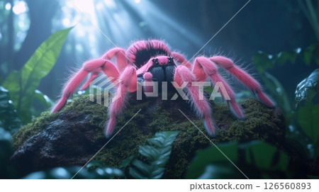 A highly detailed photorealistic Mexican pink tarantula with vibrant pink and black hairs on lush moss-covered rocks in misty tropical forest ethereal atmosphere 126560893
