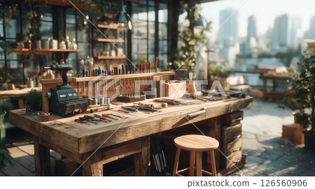 A highly detailed photorealistic tools board mounted on rustic wooden wall filled with neatly arranged wrenches screwdrivers pliers hammers warm ambient workshop lighting A highly detailed photorealistic tools board mounted on rustic wooden wall filled with neatly arranged wrenches screwdrivers pliers hammers warm ambient workshop lighting 126560906