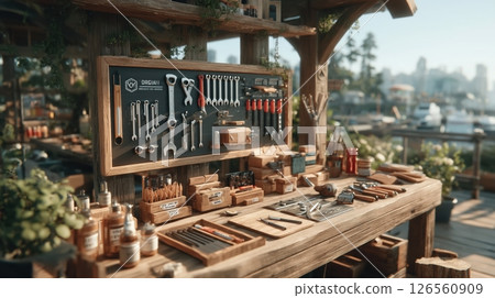 A highly detailed photorealistic tools board mounted on rustic wooden wall filled with neatly arranged wrenches screwdrivers pliers hammers warm ambient workshop lighting 126560909