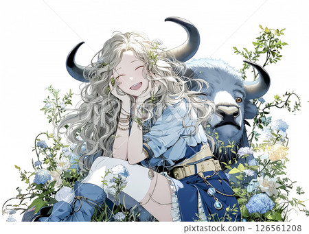 草原上休息的微笑水牛仙子的插圖素材 126561208